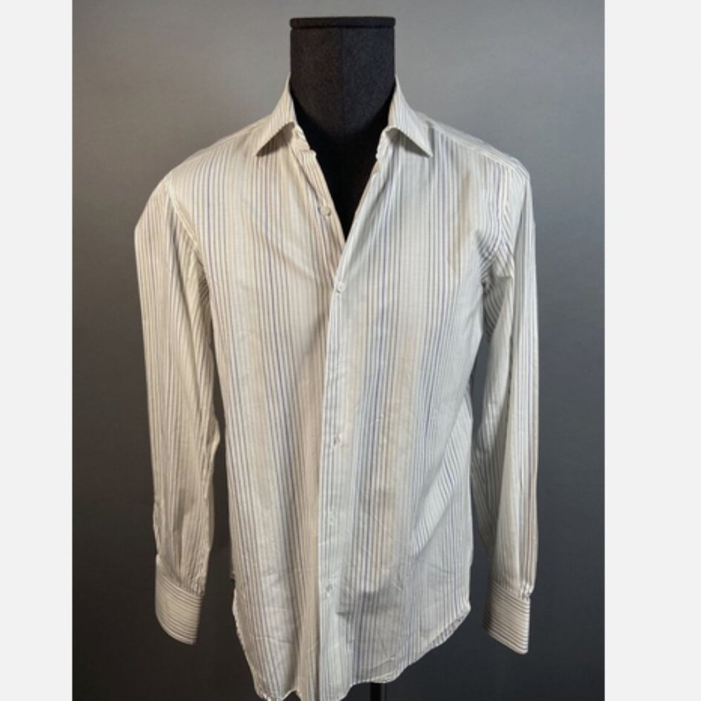 ISAIA NAPOLI Dress Shirt 15.5 39 Whitestriped /tan/ purple Made in Italy